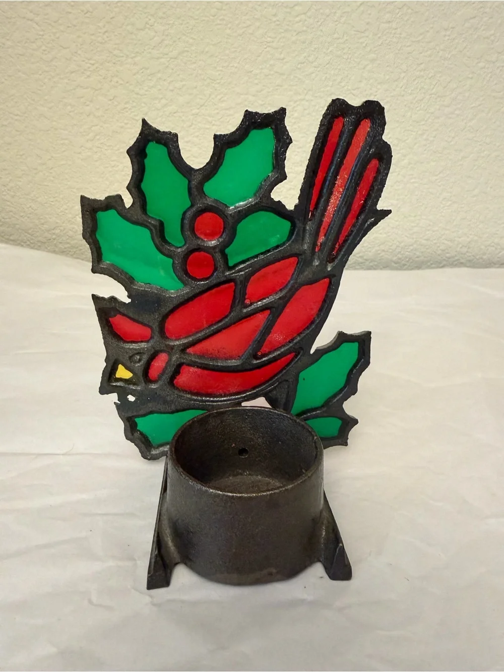 Holiday Cardinal Stained Glass candle votive holder  - Red and Green